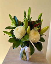 Load image into Gallery viewer, White flowers in a vase with foliage| Perth florist who delivers to Scarborough 6019 Western Australia.