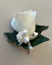 Load image into Gallery viewer, white Rose buttonhole with foliage
