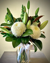 Load image into Gallery viewer, White seasonal flowers in a vase