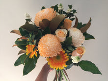 Load image into Gallery viewer, bright bouuqet with gerberas, disbud chrysanthemums,magnolia foliage,roses and snowberry.