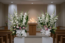 Load image into Gallery viewer, Vine &amp; Bloom -Large flower arrangements for funeral service . Ai created a suitable back ground for client to visualise .
