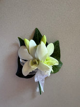Load image into Gallery viewer, Fresh White orchids with green leaves -Buttonhole-perth
