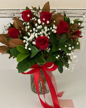 Load image into Gallery viewer, Red rose bouquet in a vase -with baby’s breath and greenery 
