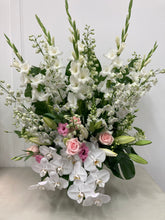Load image into Gallery viewer, Large ,Tall flower arrangement suitable for a eye catching area like church funeral flowers,Wedding ceremony flowers,Event styling flowers. Choice of white,pastel flowers example gladioli,delphinium,oriental lillium,roses,lisianthus,roses,phalaenopsis orchids.
